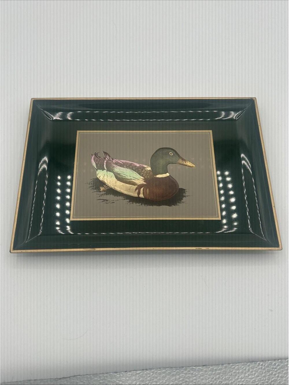 Vtg Otagiri Japan Lacquer Green Gold Serving Tray Mallard Duck Decoy Hunting